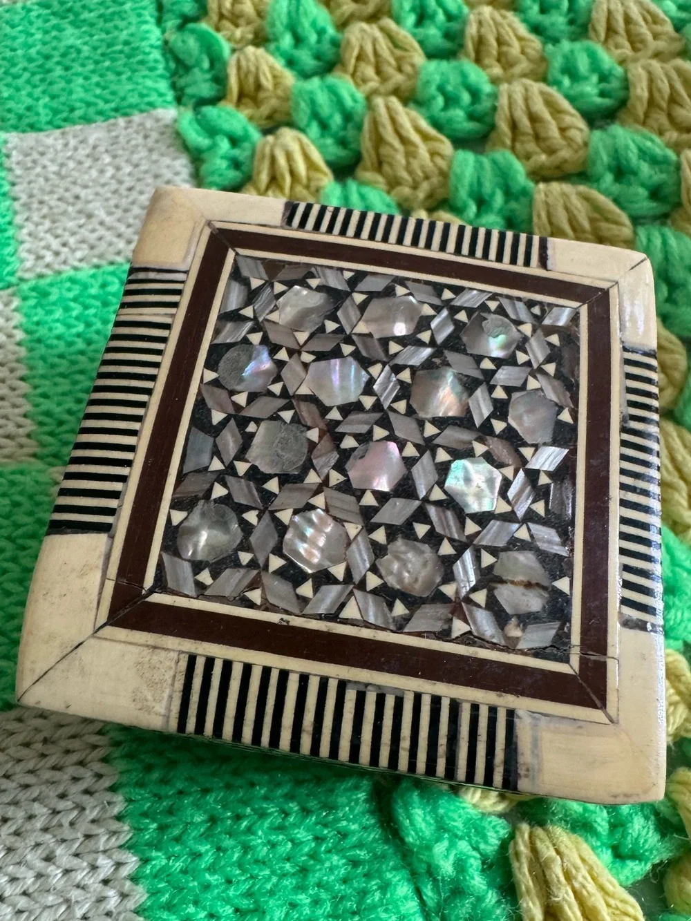 Vintage Wood and bone Trinket Box with Mother of Pearl Inlay